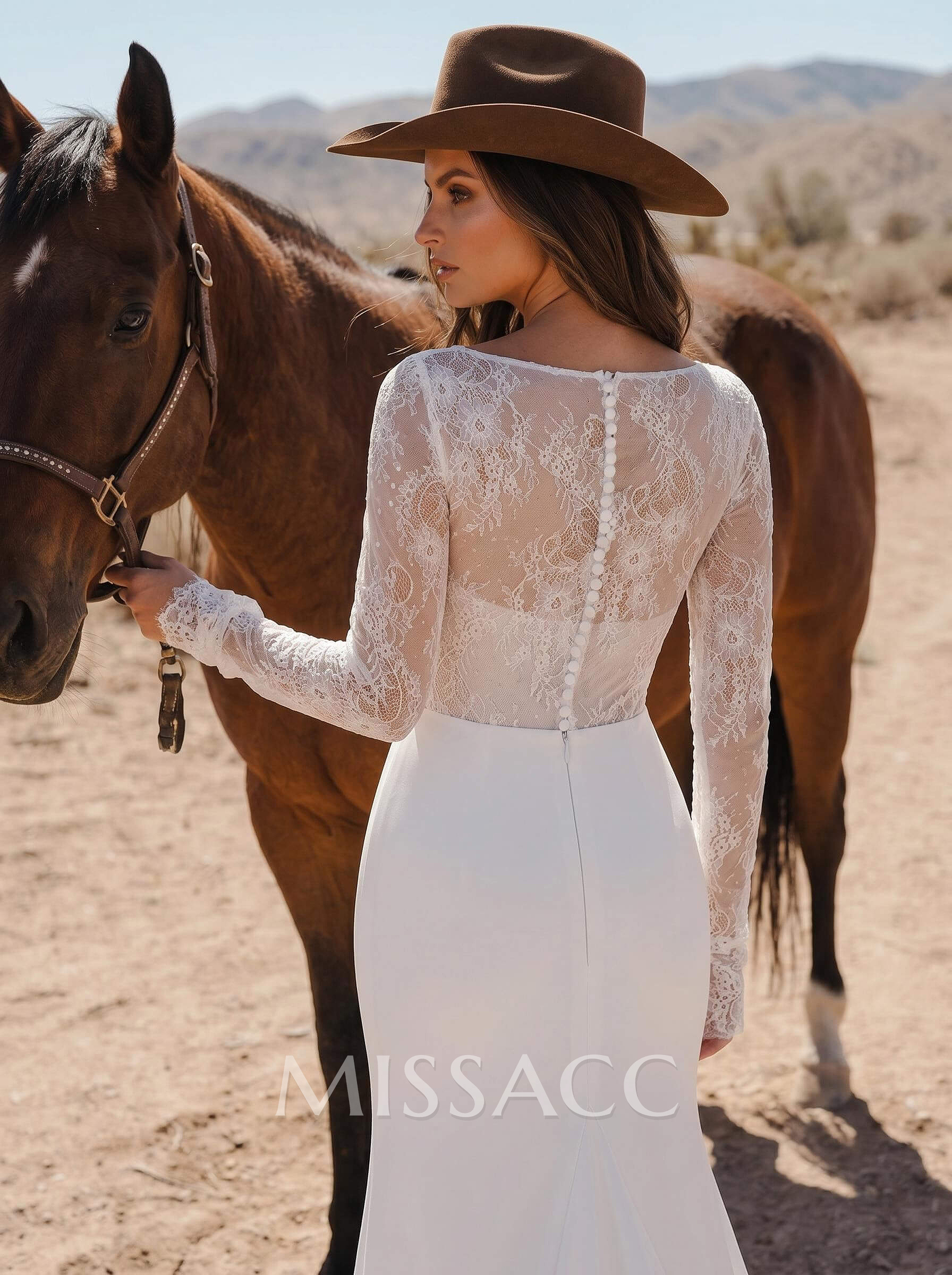 Long Sleeves Romantic Lace Back Wedding Dresses With Square Neckline