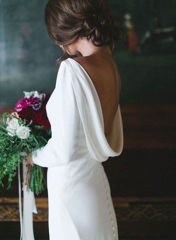 Cowl Back Elegant Long Sleeves Wedding Dresses With Mermaid Satin