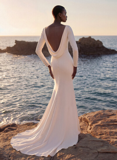 Cowl Back Elegant Long Sleeves Wedding Dresses With Mermaid Elastic Satin