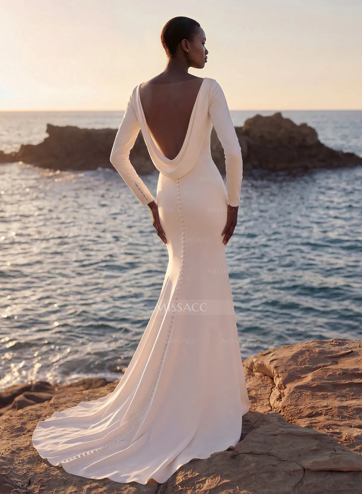sachin and babi light blue dress Cowl Back Elegant Long Sleeves Wedding Dresses With Mermaid Elastic Satin