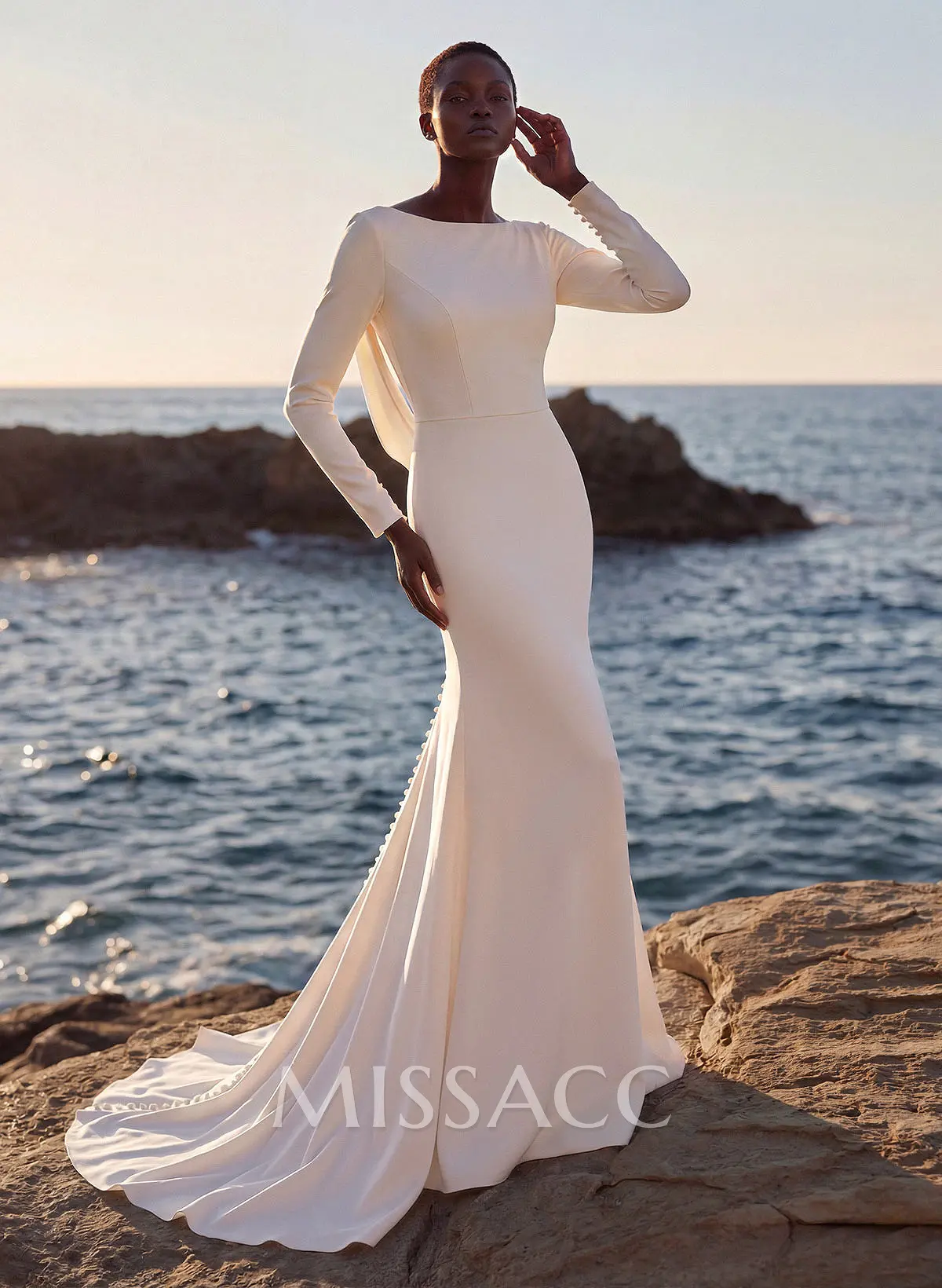 Cowl Back Elegant Long Sleeves Wedding Dresses With Mermaid Elastic Satin -  Missacc Germany
