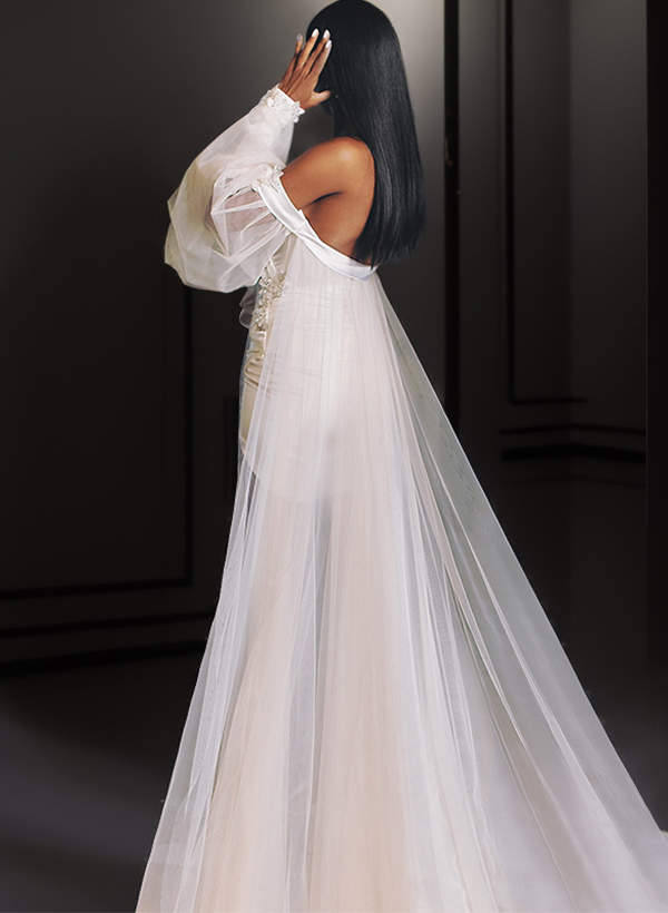Little White Strapless Wedding Dress With Detachable Wrap