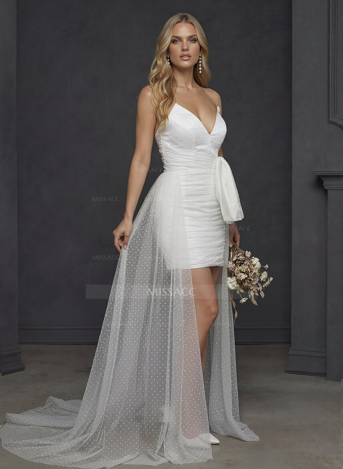 Little White Strapless Wedding Dress With Dramatic Train