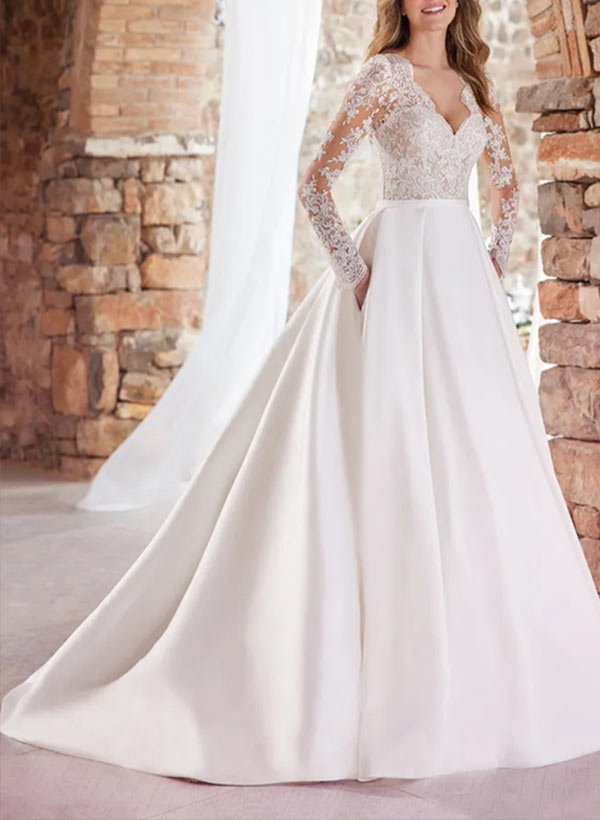 Ball-Gown Long Sleeves Elegant Wedding Dresses With Lace Satin