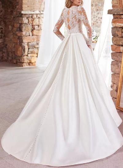 Ball-Gown Long Sleeves Elegant Wedding Dresses With Lace Satin