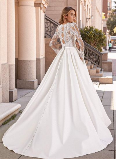 Ball-Gown Long Sleeves Elegant Wedding Dresses With Lace Satin