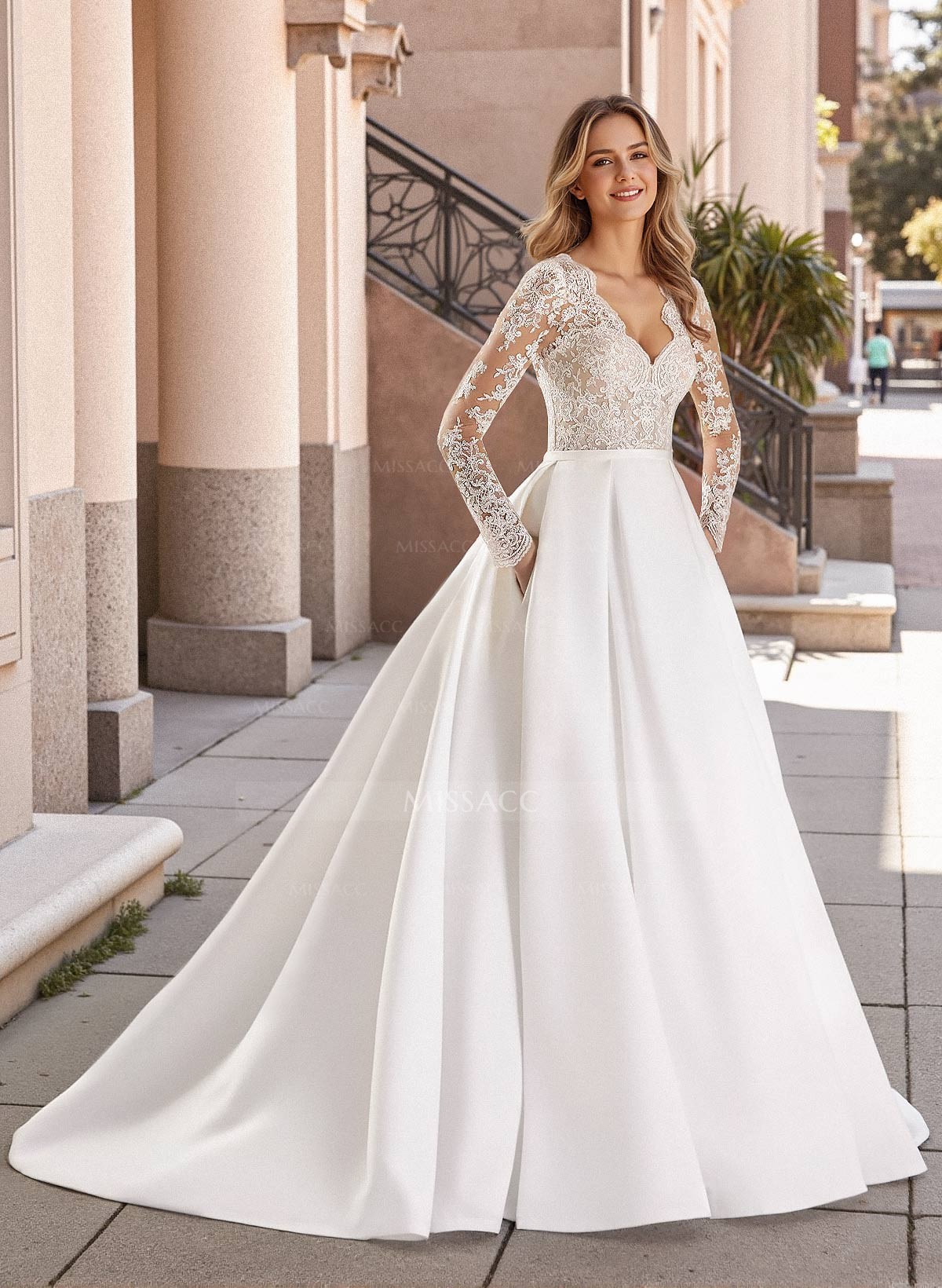 Ball-Gown Long Sleeves Elegant Wedding Dresses With Lace Satin