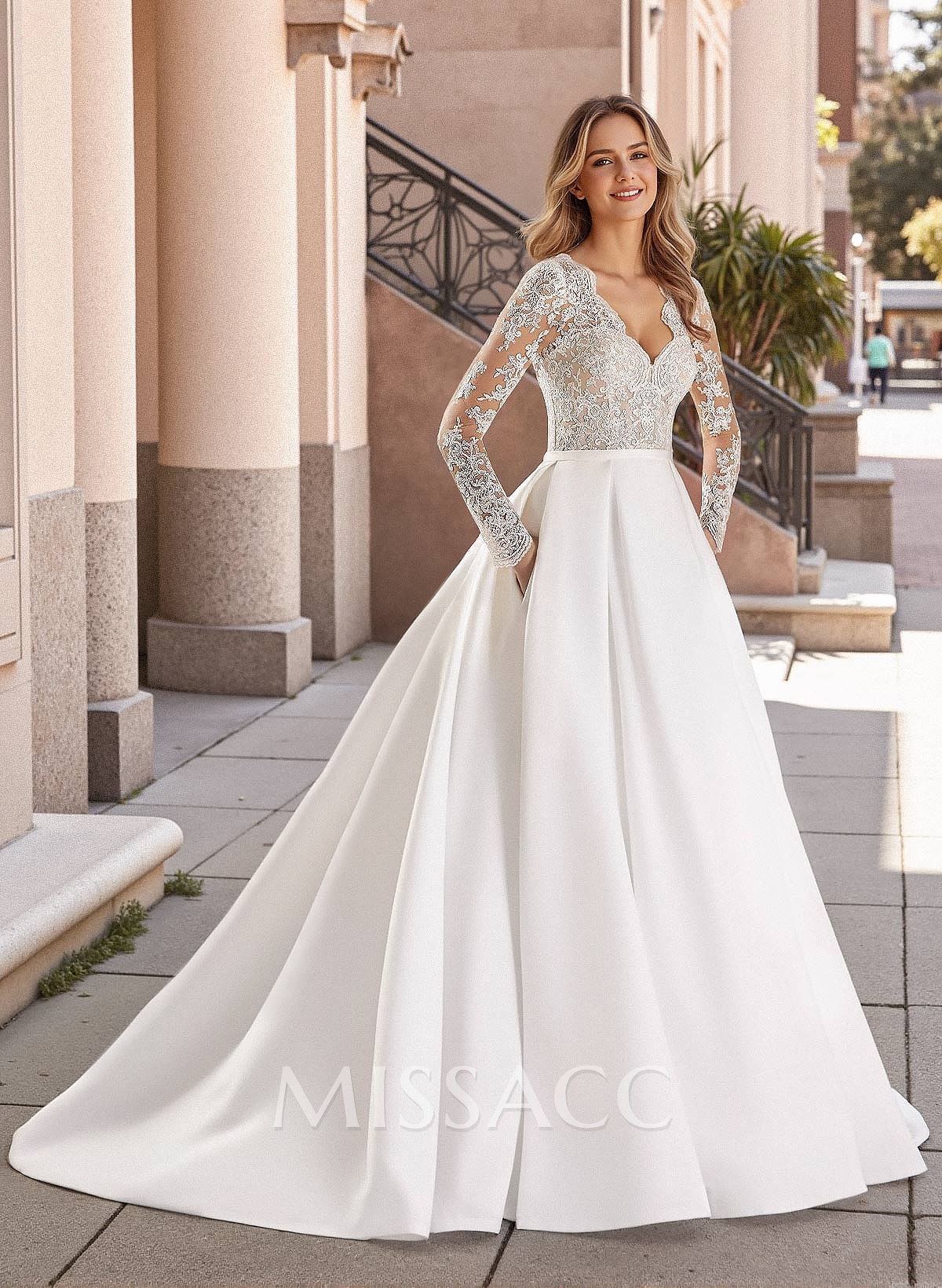 Ball-Gown Long Sleeves Elegant Wedding Dresses With Lace Satin
