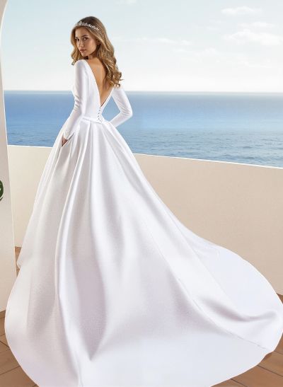 Ball-Gown Long Sleeves Wedding Dresses With Satin Open Back