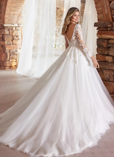 Long Sleeves Ball-Gown Lace Wedding Dresses With Romantic Tulle