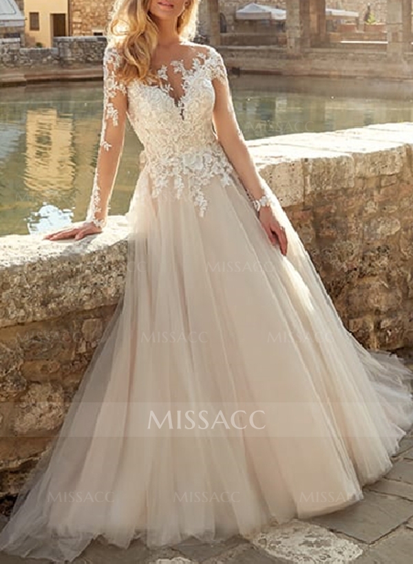 Lace Ball-Gown Long Sleeves Wedding Dresses With Romantic Tulle