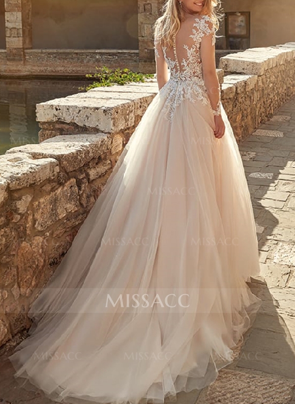 Lace Ball-Gown Long Sleeves Wedding Dresses With Romantic Tulle