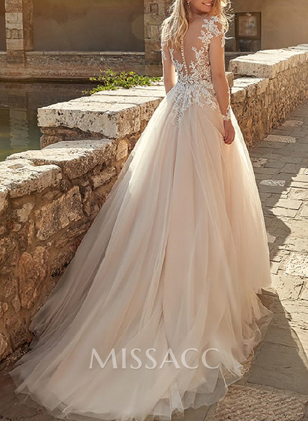 Lace Ball-Gown Long Sleeves Wedding Dresses With Romantic Tulle
