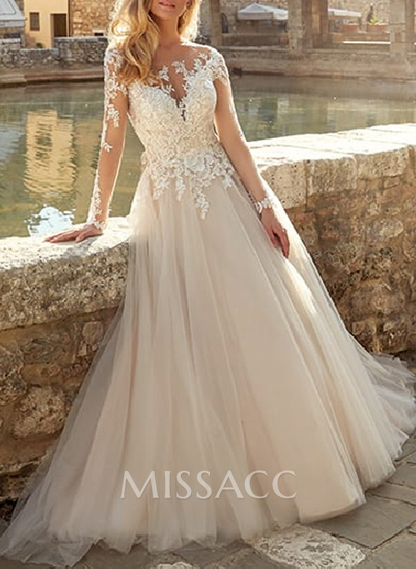 Lace Ball-Gown Long Sleeves Wedding Dresses With Romantic Tulle