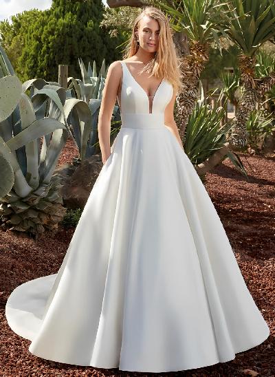 Ball-Gown V-neck Satin Wedding Dresses With Open Back 