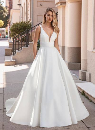 Ball-Gown V-Neck Satin Wedding Dresses With Open Back