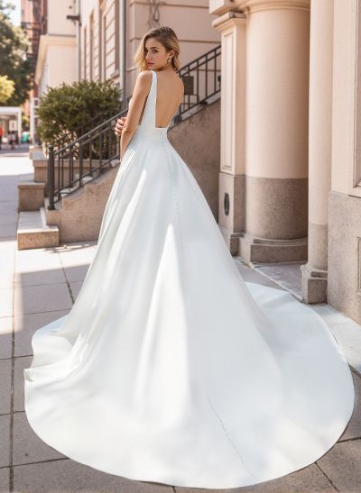 Ball-Gown V-Neck Satin Wedding Dresses With Open Back