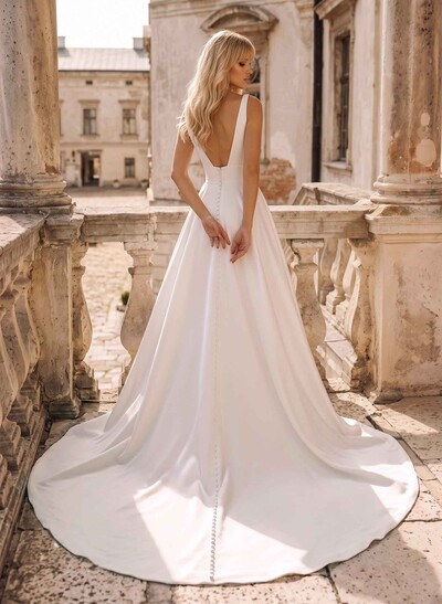 Ball-Gown V-Neck Satin Wedding Dresses With Open Back