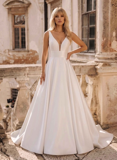 Ball-Gown V-Neck Satin Wedding Dresses With Open Back