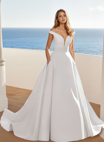 Off-The-Shoulder Ball-Gown Boho Wedding Dresses With Satin