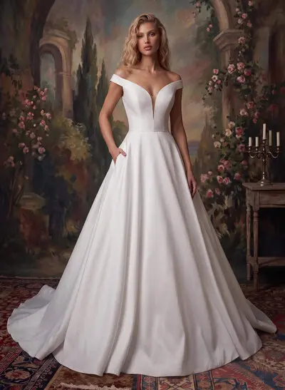 Ball-Gown Off-The-Shoulder Sleeveless Court Train Satin Wedding Dresses With Pockets