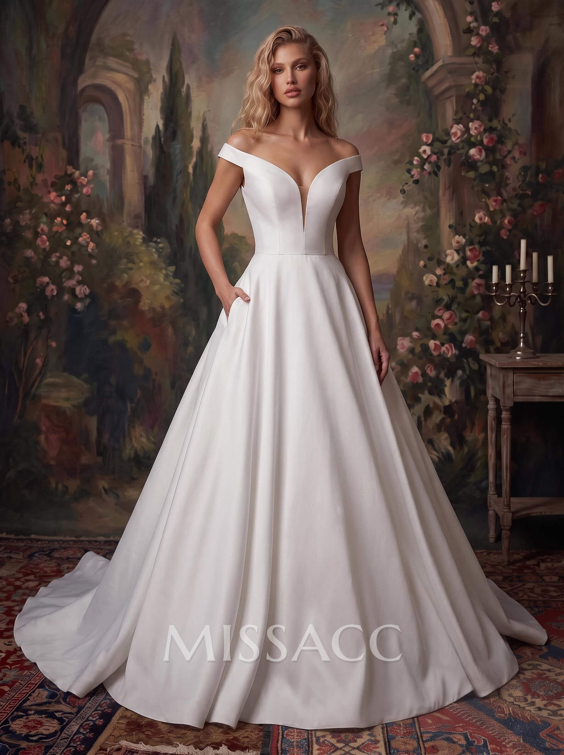 A-Line Off-The-Shoulder Sleeveless Satin Wedding Dress With Court Train And Pockets