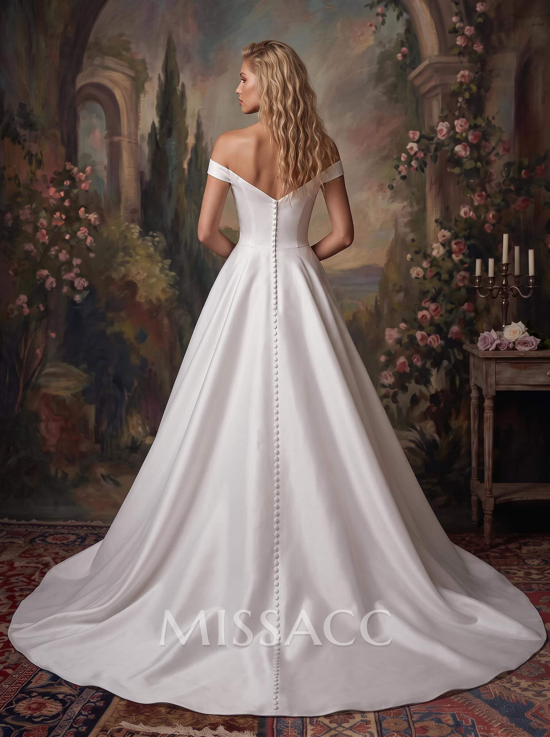 A-Line Off-The-Shoulder Sleeveless Satin Wedding Dress With Court Train And Pockets