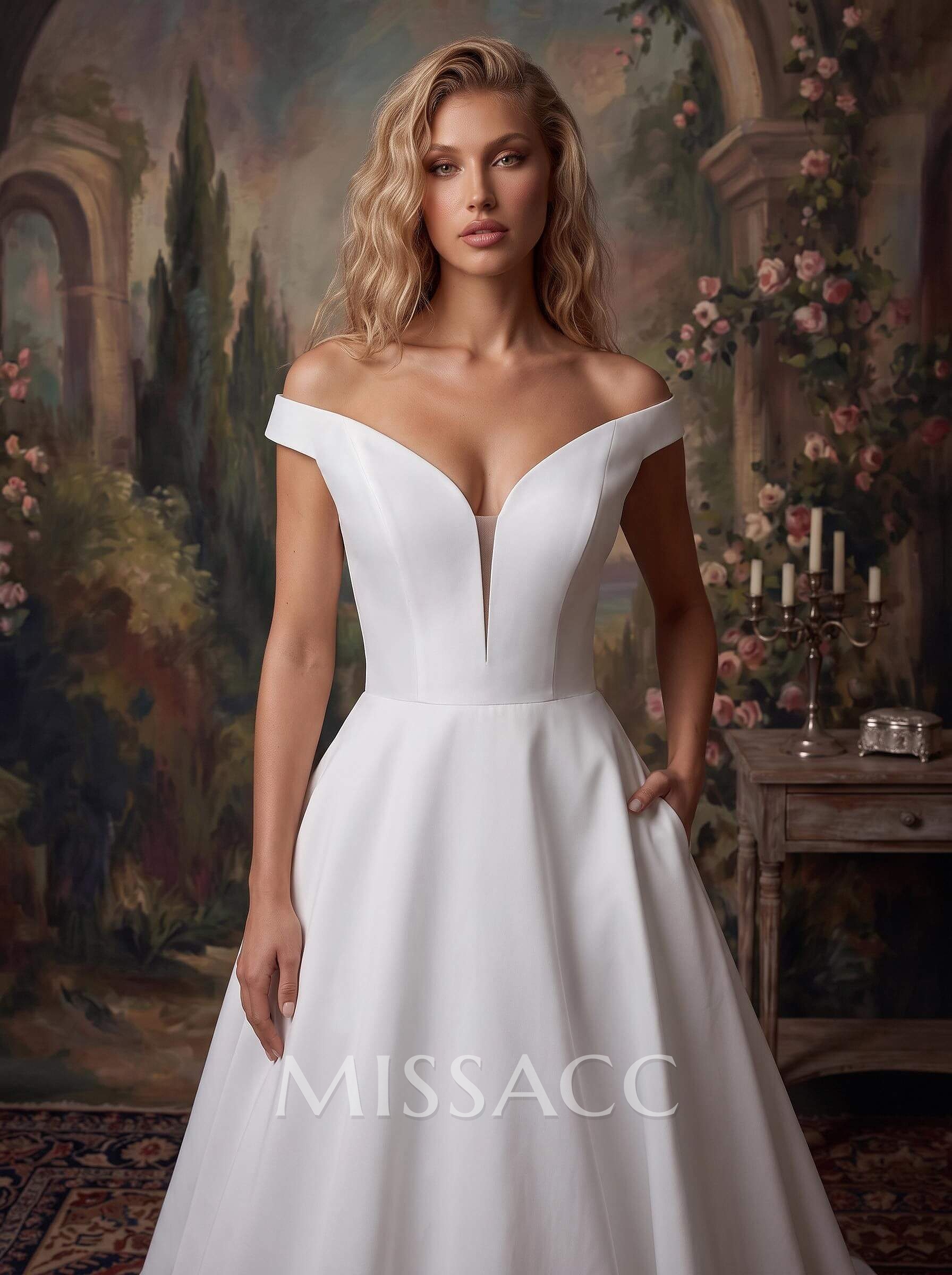 A-Line Off-The-Shoulder Sleeveless Satin Wedding Dress With Court Train And Pockets