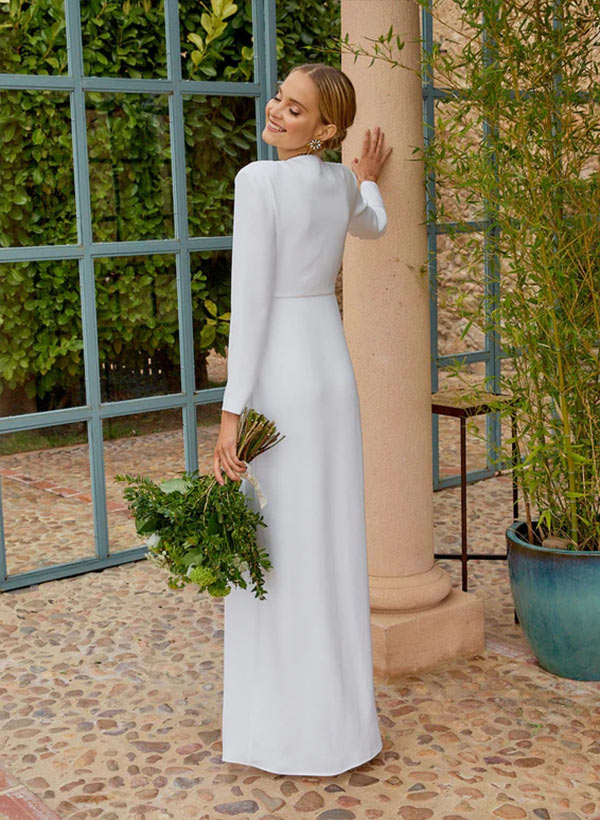 Simple Long Sleeves Bow Wedding Dress With Split Front 