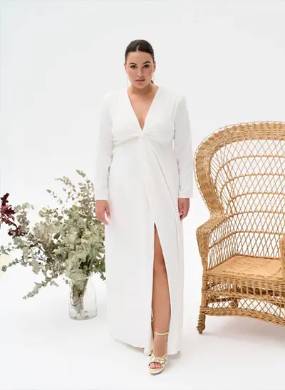 Simple Long Sleeves Bow Wedding Dress With Split Front