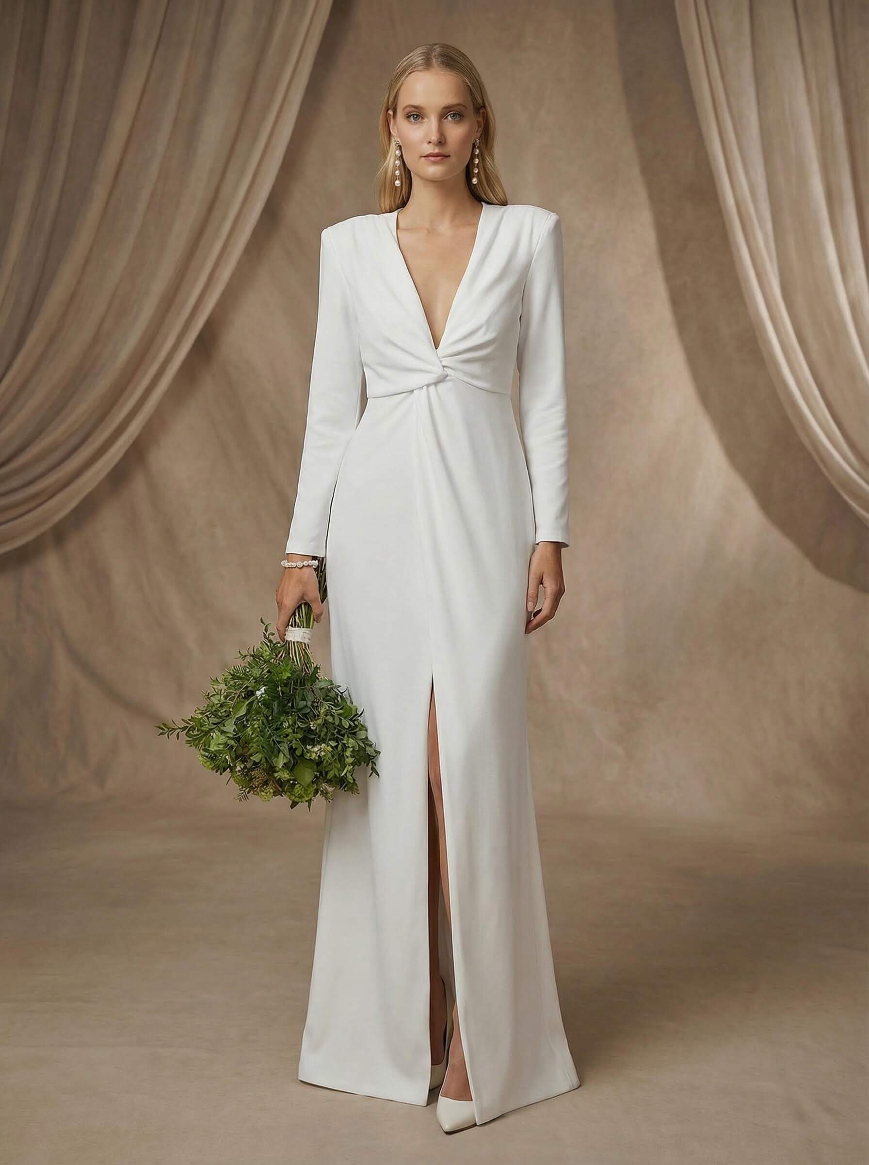 Simple Long Sleeves Bow Wedding Dress With Split Front