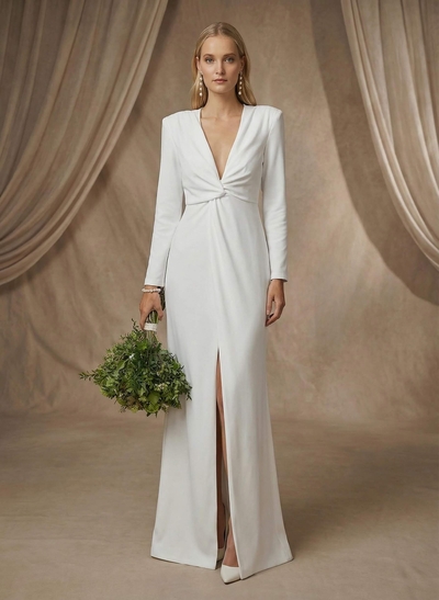 Simple Long Sleeves Bow Wedding Dress With Split Front