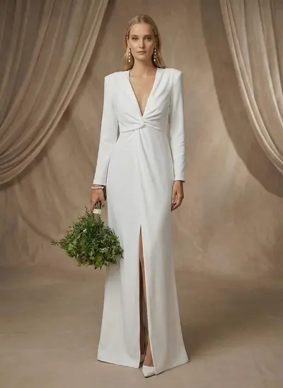 Missacc Ivory Bride Simple Long Sleeves Bow Wedding Dress with Split Front