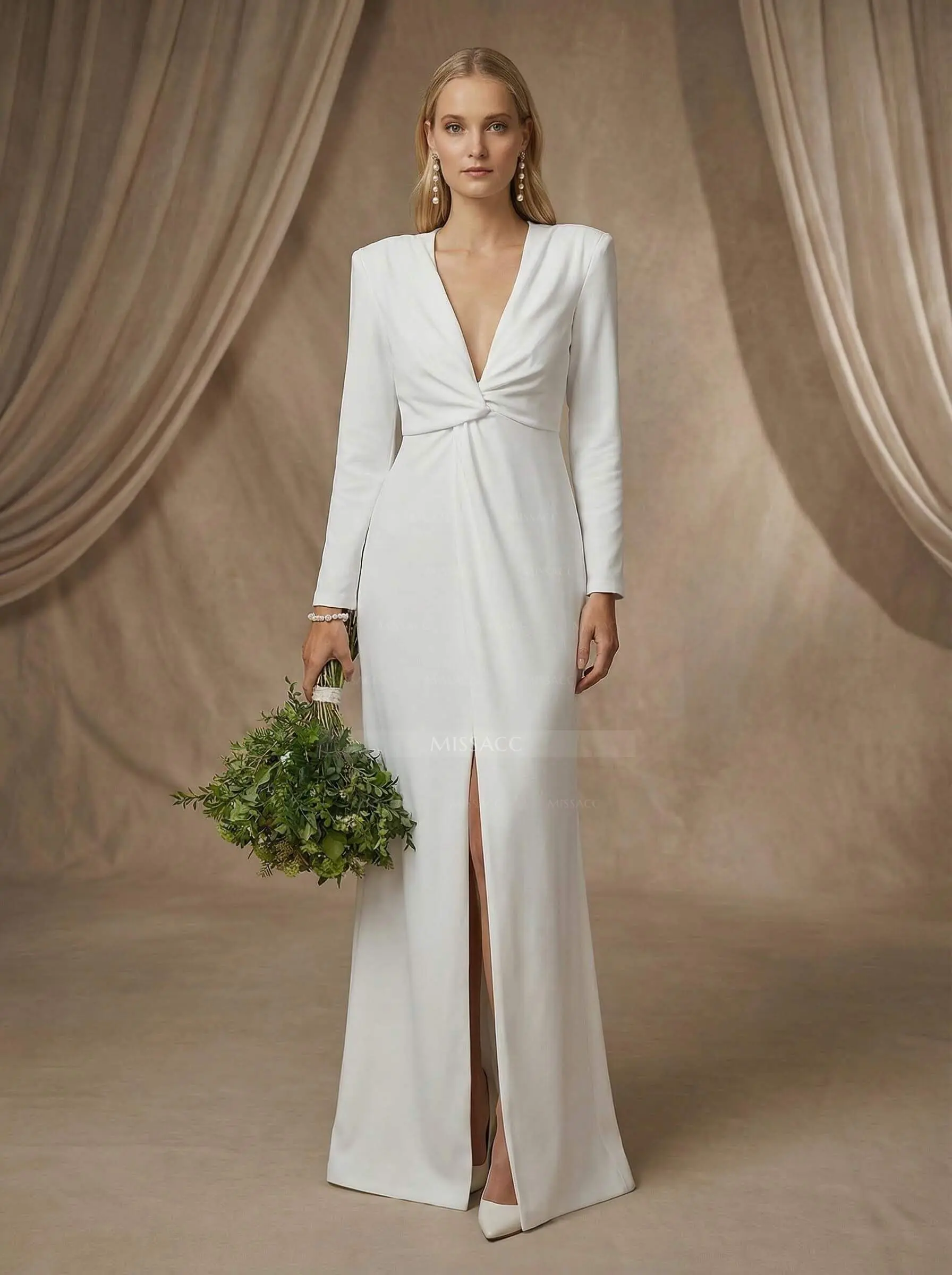fitted lace wedding dress White Long-sleeved dress with sharp shoulder cut main image 0