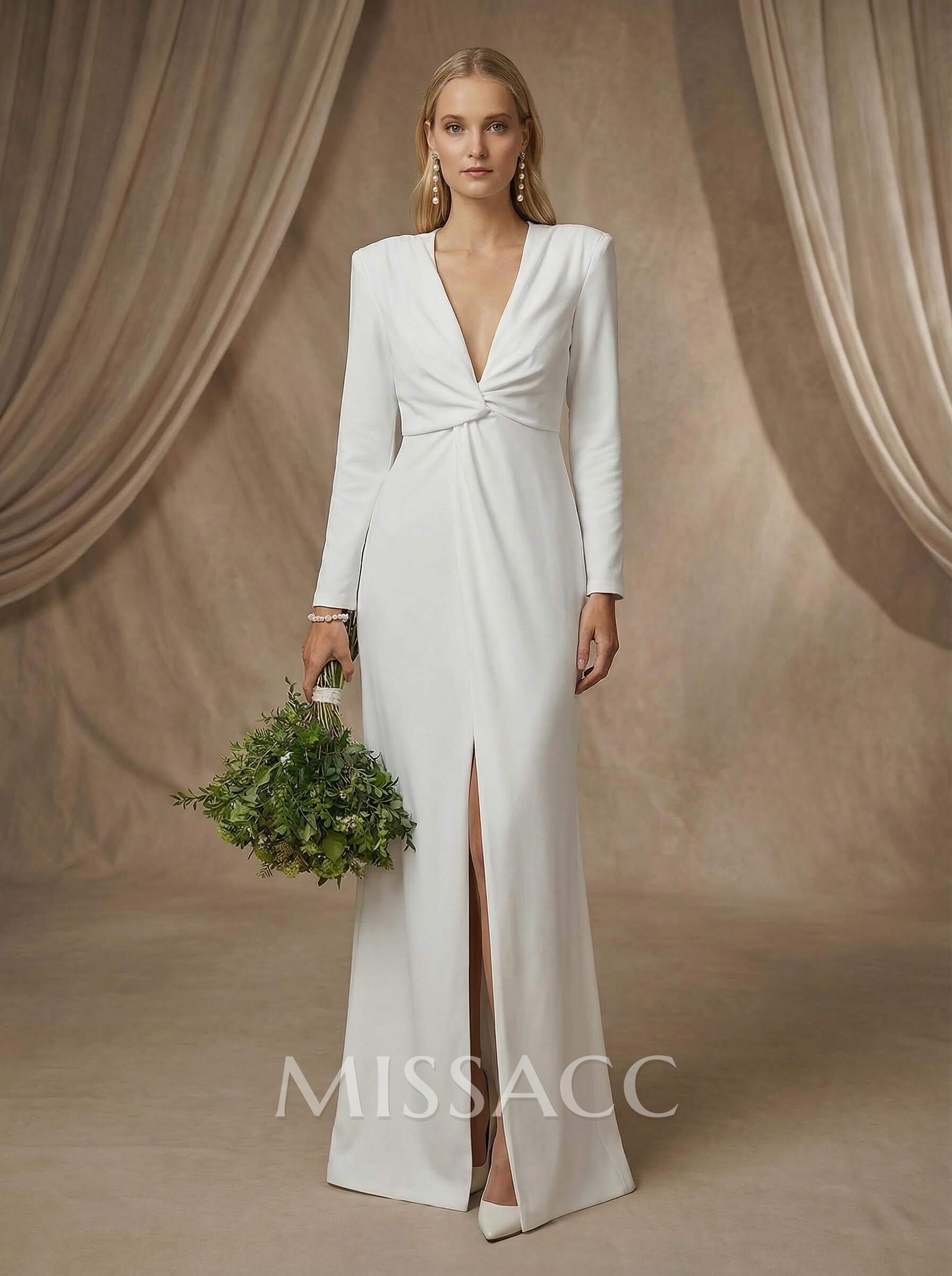 Simple Long Sleeves Bow Wedding Dress With Split Front Simple Long Sleeves Bow Wedding Dress With Split Front