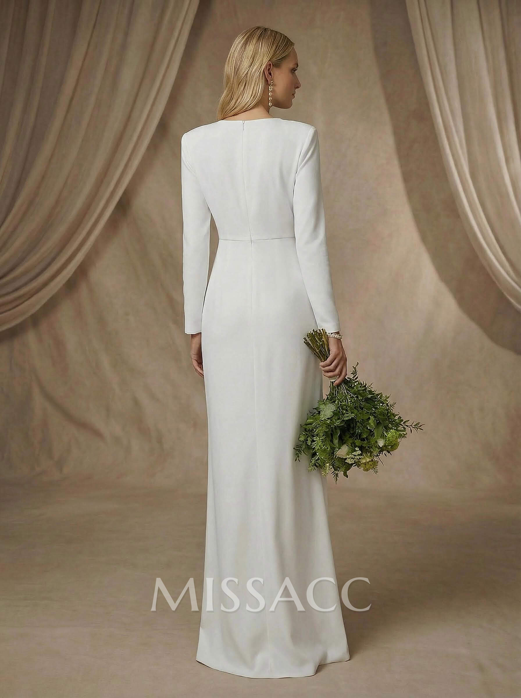 Simple Long Sleeves Bow Wedding Dress With Split Front Simple Long Sleeves Bow Wedding Dress With Split Front