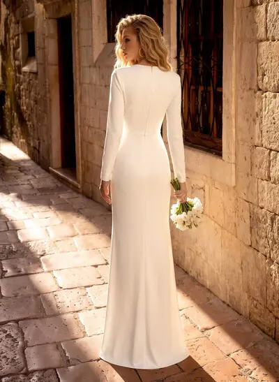 Simple Long Sleeves Bow Wedding Dress With Split Front