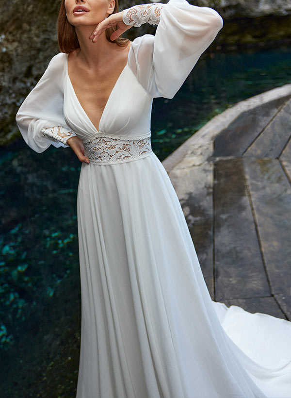 Boho Long Sleeves Wedding Dress With Lace