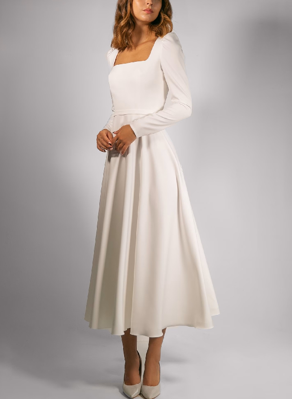 A-Line Square Neckline Long Sleeves Tea-Length Satin Wedding Dresses