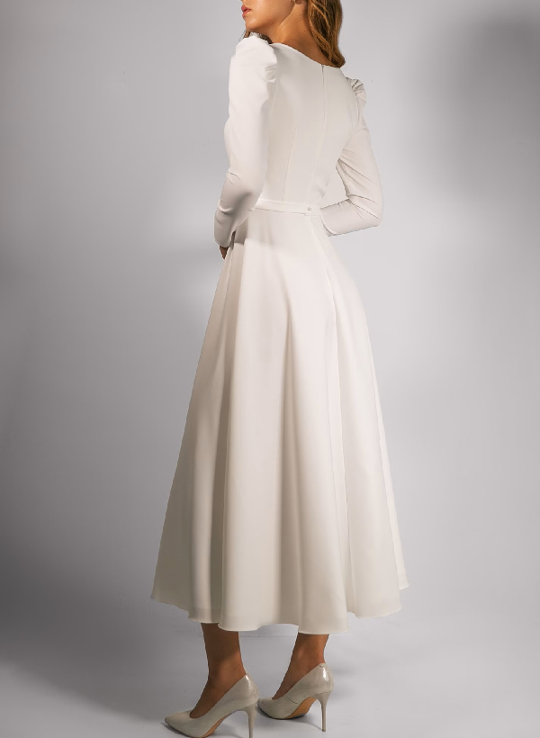 A-Line Square Neckline Long Sleeves Tea-Length Satin Wedding Dresses