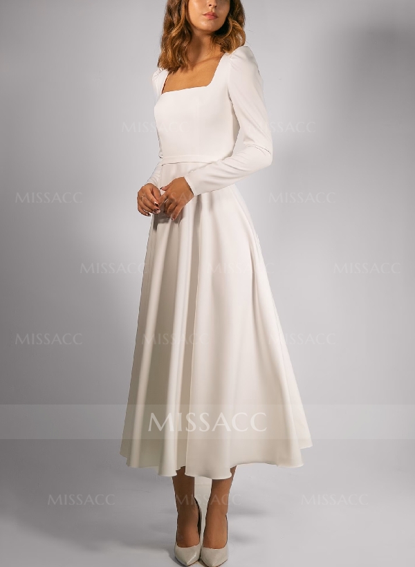 A-Line Square Neckline Long Sleeves Tea-Length Satin Wedding Dresses