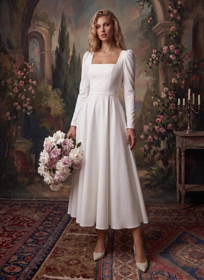 A-Line Square Neckline Long Sleeves Tea-Length Stretch Satin Wedding Dresses