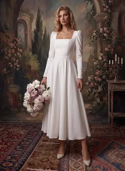 A-Line Square Neckline Long Sleeves Tea-Length Stretch Satin Wedding Dresses