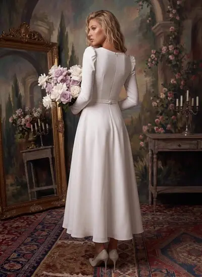 A-Line Square Neckline Long Sleeves Tea-Length Stretch Satin Wedding Dresses