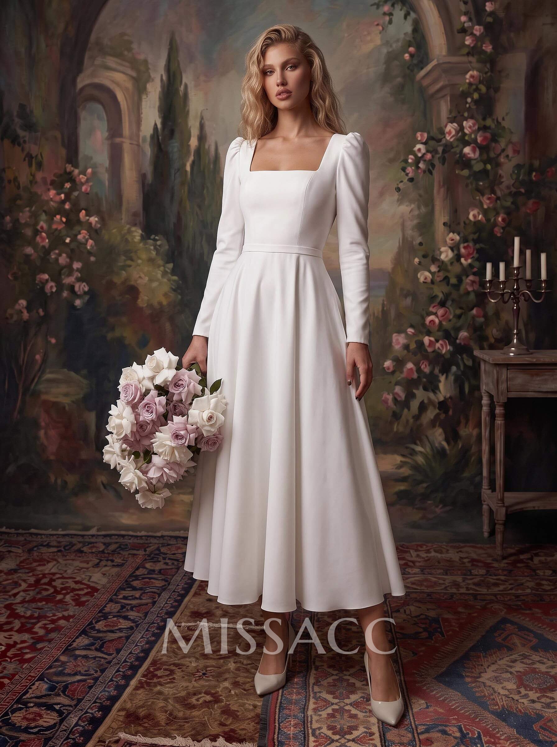 A-Line Square Neckline Long Sleeves Tea-Length Stretch Satin Wedding Dresses