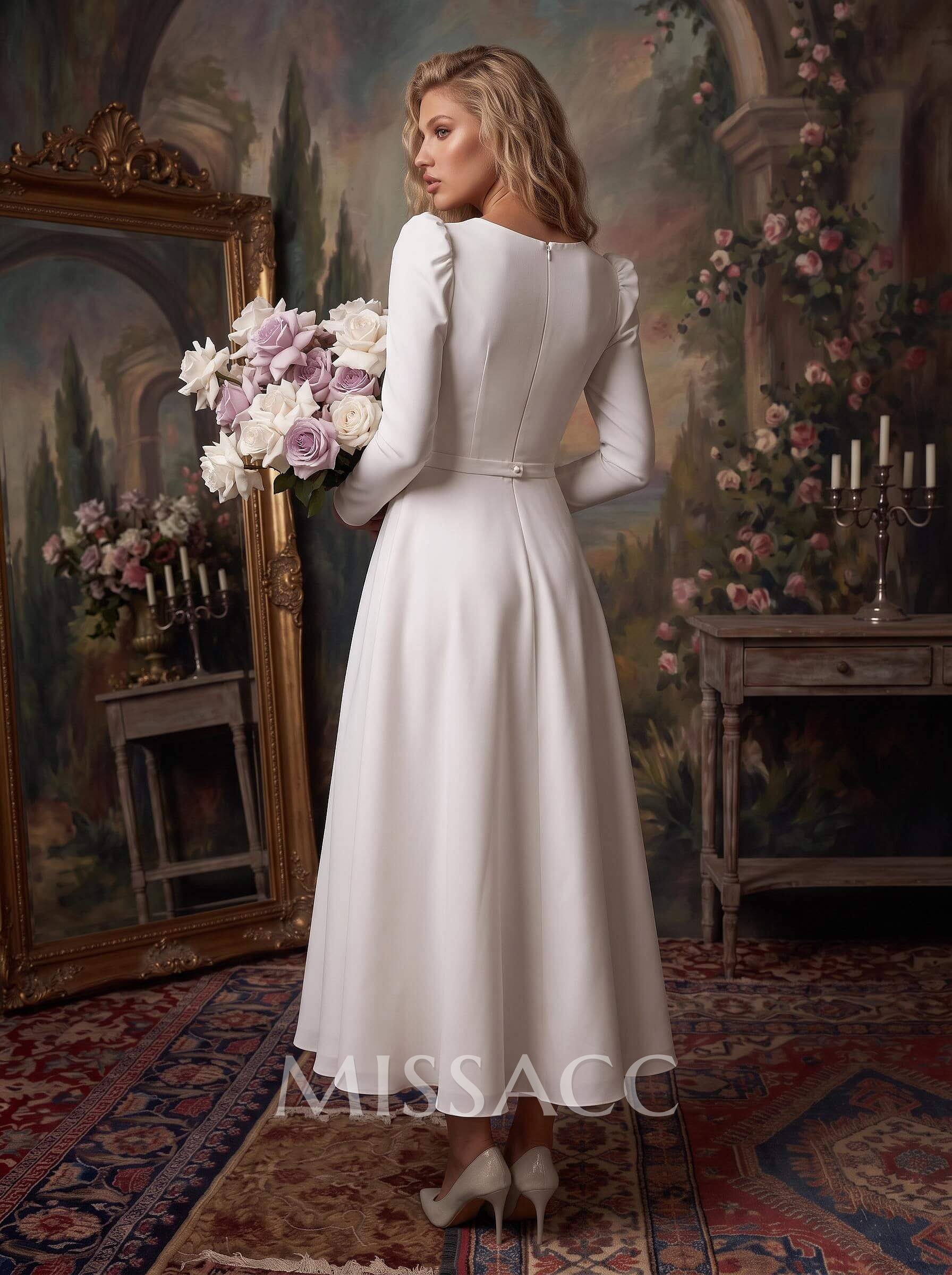 A-Line Square Neckline Long Sleeves Tea-Length Stretch Satin Wedding Dresses