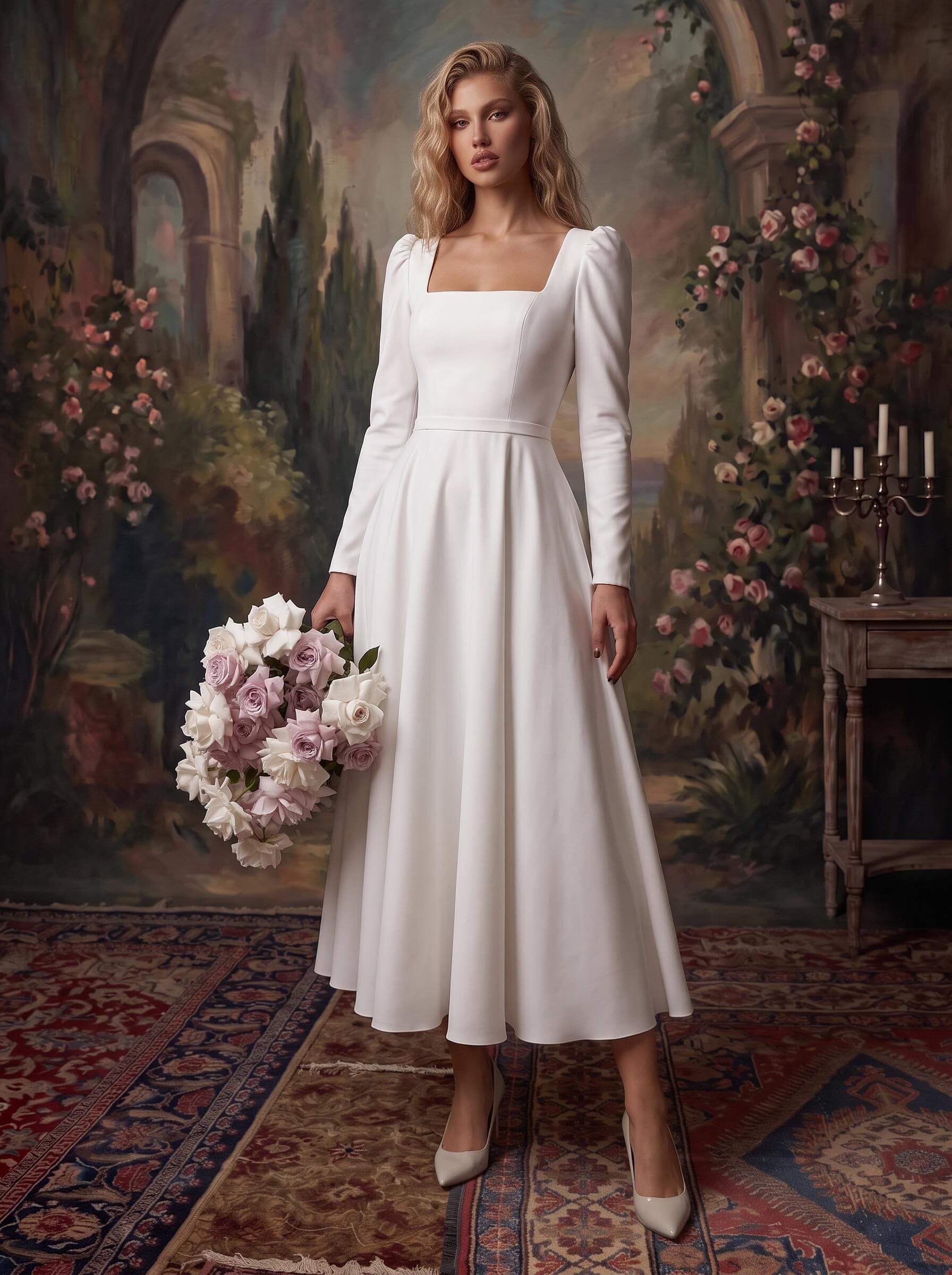 A-Line Square Neckline Long Sleeves Tea-Length Stretch Satin Wedding Dresses