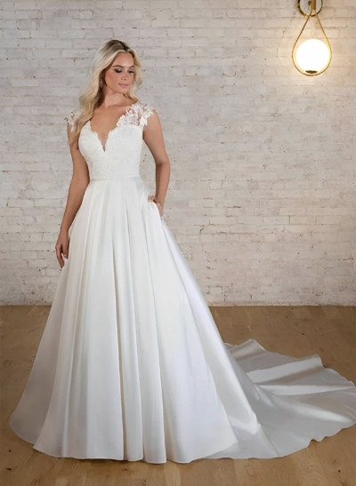 Ball-Gown V-Neck Sleeveless Court Train Satin Wedding Dresses With Lace