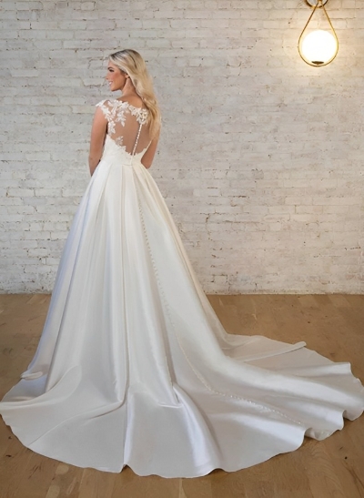 Ball-Gown V-Neck Sleeveless Court Train Satin Wedding Dresses With Lace