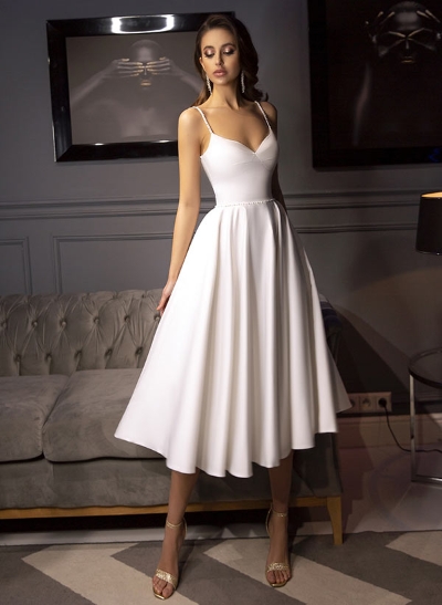 Simple Pearl Beading Tea Length Wedding Dress 